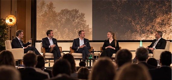 AI-generated editorial visual depicting a panel discussion, not a specific documentary photograph