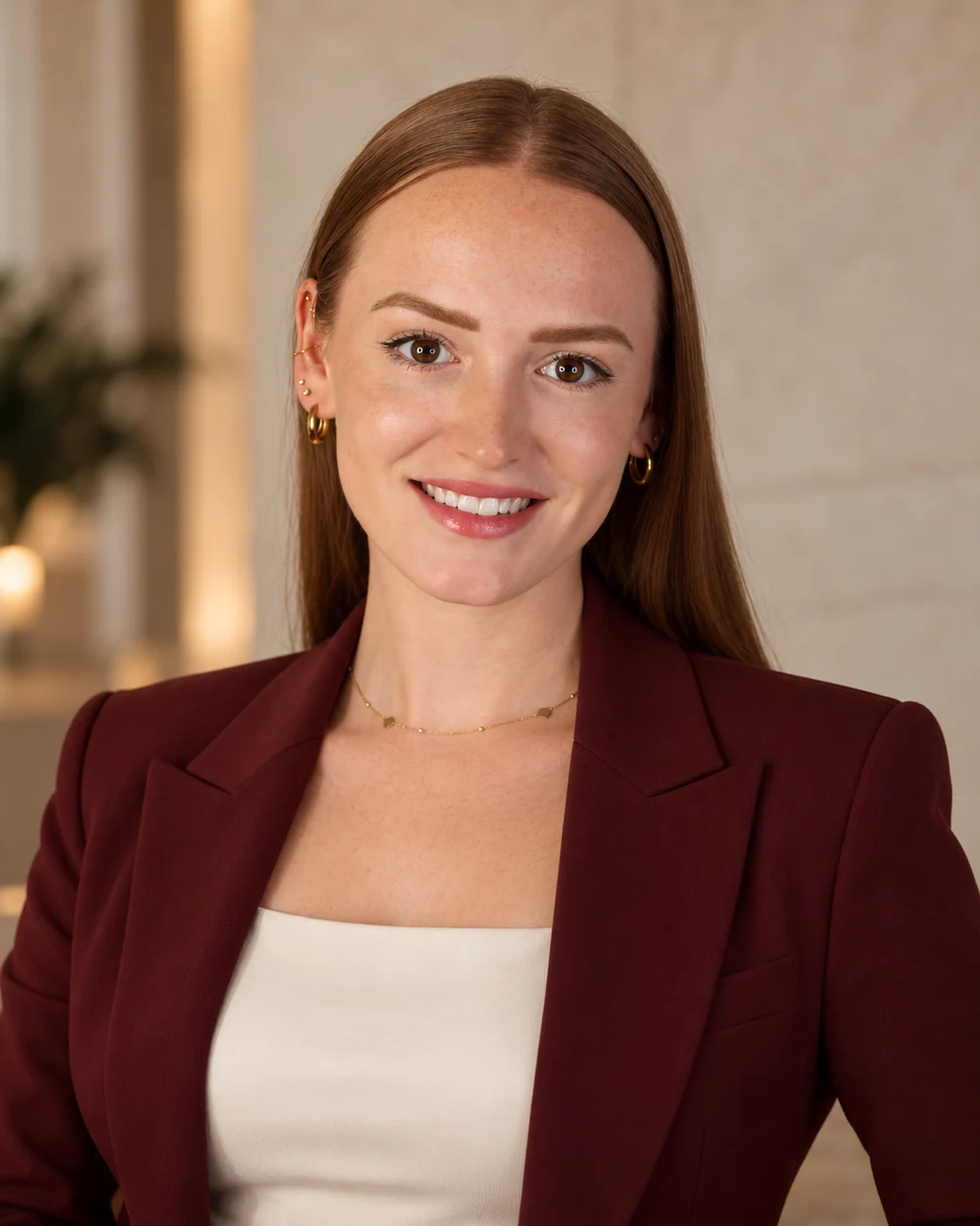 AI-enhanced professional portrait of Leoni Becker wearing a Bordeaux blazer