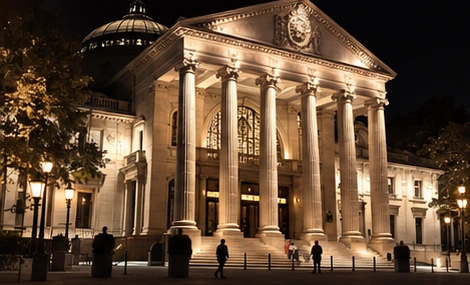 Editorial image showing a family-office style venue exterior at night